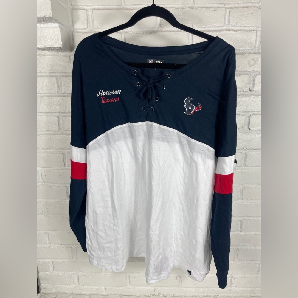 Houston Texans Lace-Up Long Sleeve Tee 1X Navy White Cotton NFL Fan Top